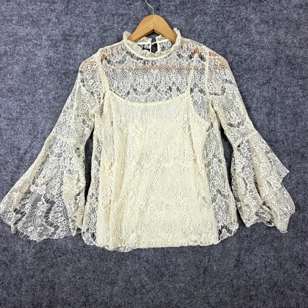 By&By Top Womens Medium Beige Lace Overlay Bell Sleeve Boho Festival Angelcore